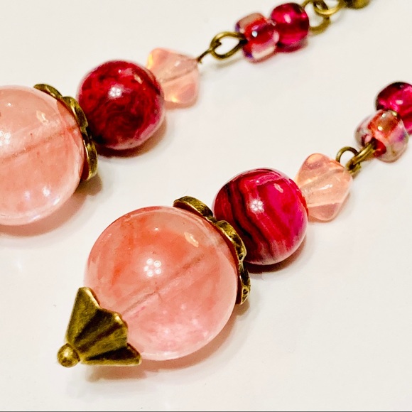 Dark Pink Mauve Rhodonite Stone Necklace & Cherry Quartz Zinfandel Earrings BOHO - Picture 9 of 15